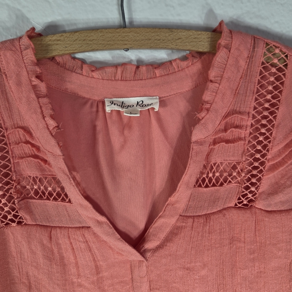 Indigo Rose Orange Size L Mini Swing Dress Embroidered Short Sleeves V-Neck - Picture 3 of 16